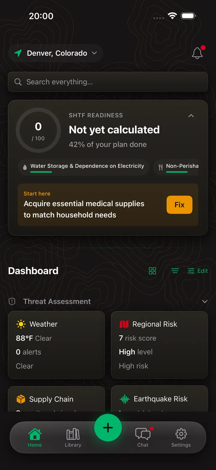 SHTF home dashboard with readiness score, next step and local risk tiles
