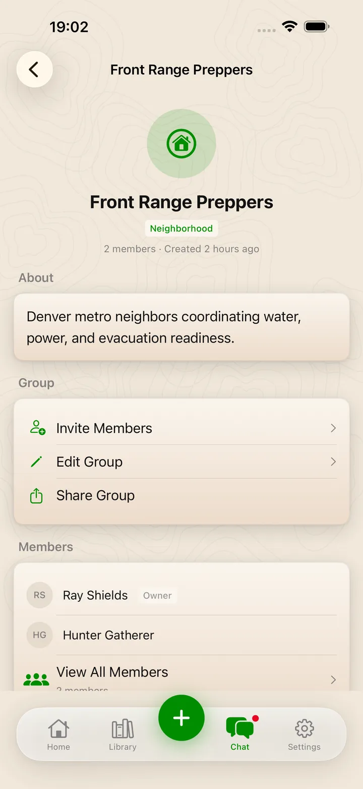 Private group detail with members and invites