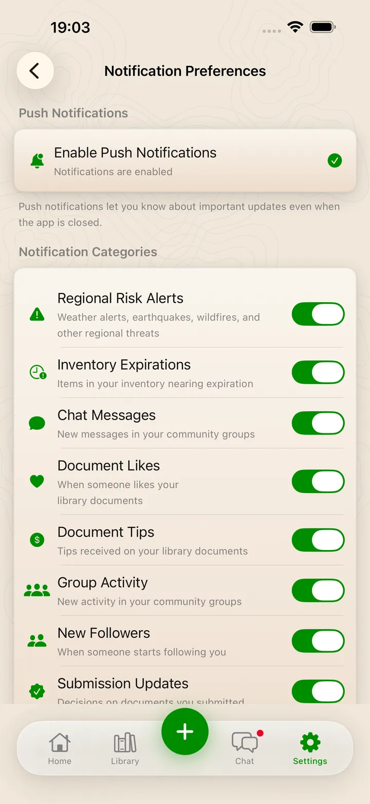Notification preferences with per-category toggles